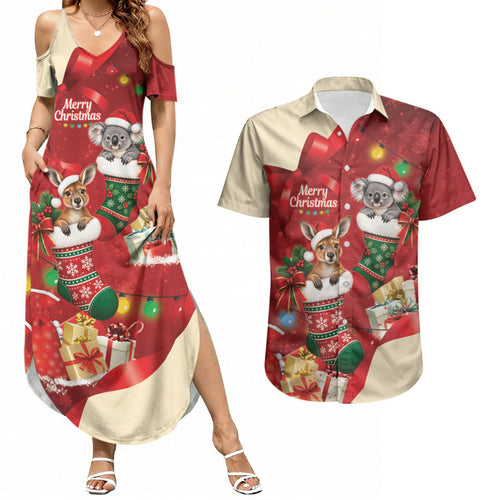 Kangaroo Koala Cockatoo Christmas Australia Couples Matching Summer Maxi Dress and Hawaiian Shirt Aussie Xmas Sock Coquette Bow