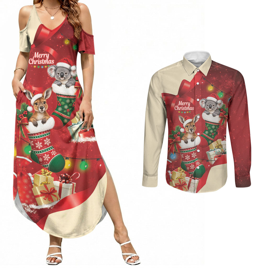 Kangaroo Koala Cockatoo Christmas Australia Couples Matching Summer Maxi Dress and Long Sleeve Button Shirt Aussie Xmas Sock Coquette Bow