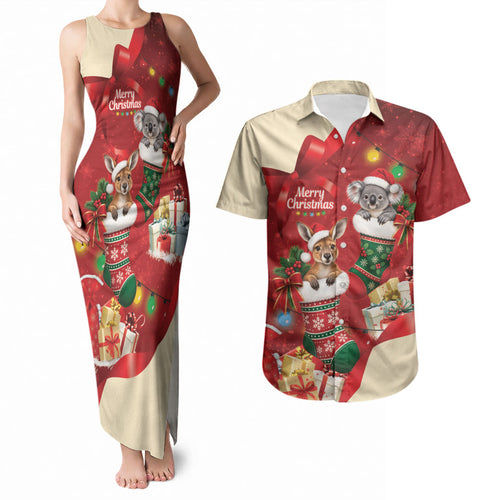 Kangaroo Koala Cockatoo Christmas Australia Couples Matching Tank Maxi Dress and Hawaiian Shirt Aussie Xmas Sock Coquette Bow