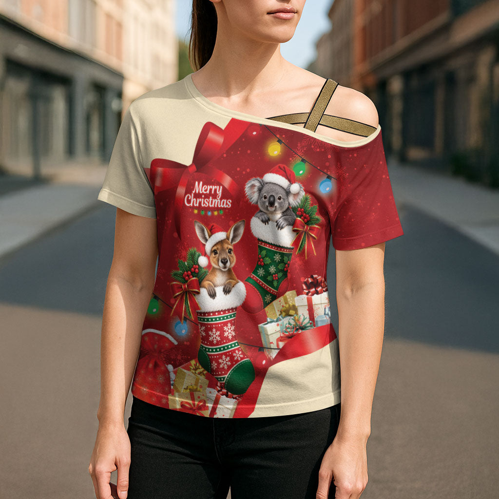 Kangaroo Koala Cockatoo Christmas Australia Cross Shoulder Shirt Aussie Xmas Sock Coquette Bow