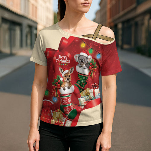 Kangaroo Koala Cockatoo Christmas Australia Cross Shoulder Shirt Aussie Xmas Sock Coquette Bow