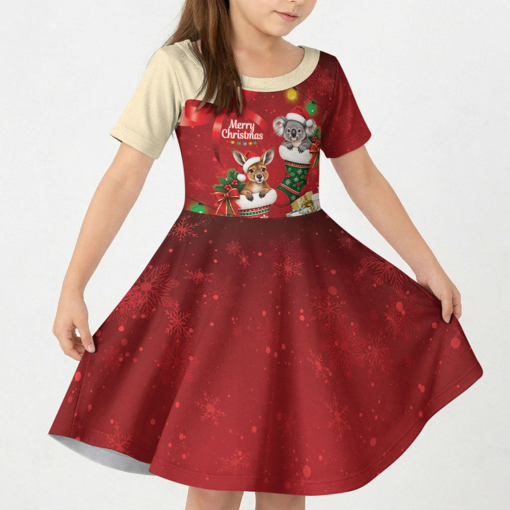 Kangaroo Koala Cockatoo Christmas Australia Kid Short Sleeve Dress Aussie Xmas Sock Coquette Bow