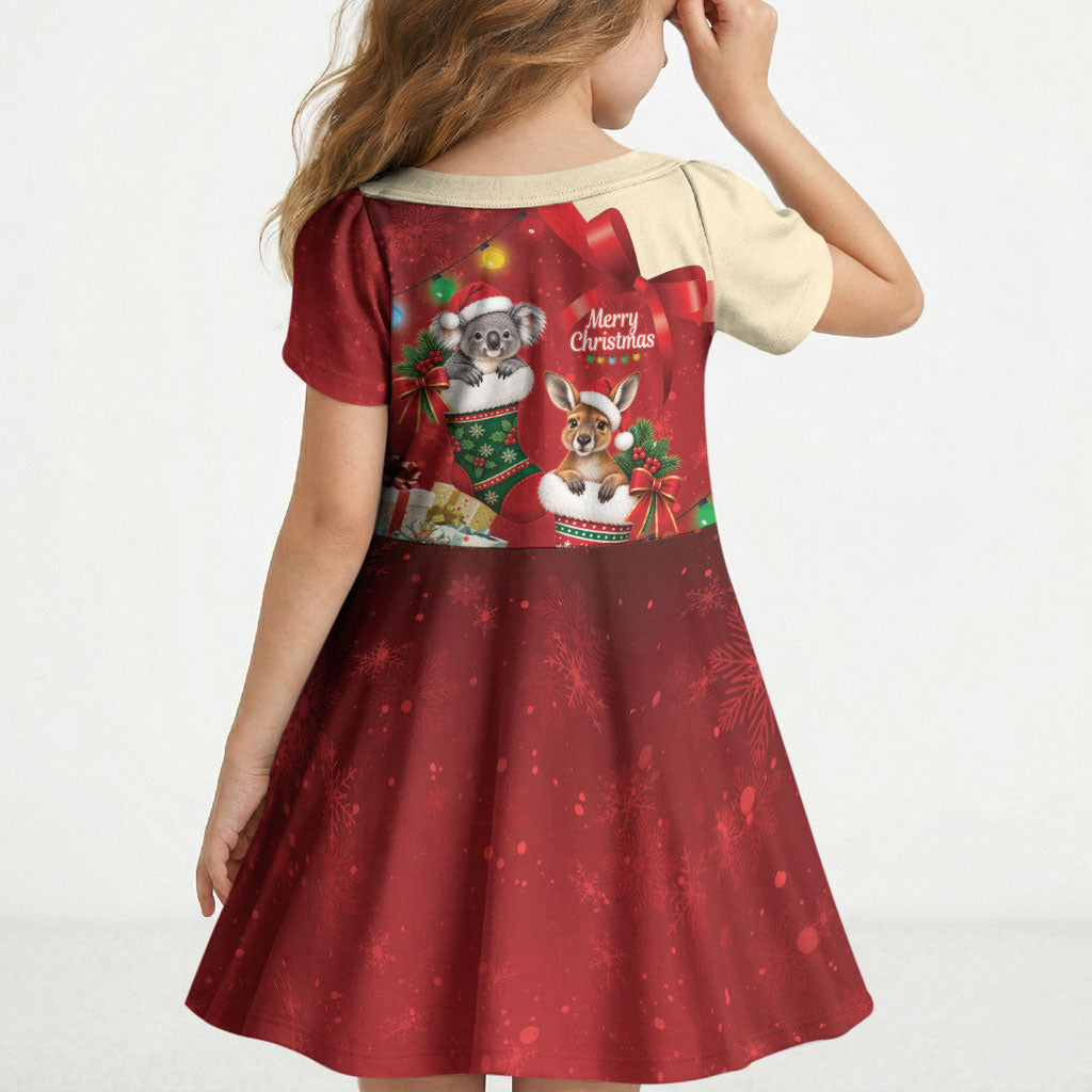 Kangaroo Koala Cockatoo Christmas Australia Kid Short Sleeve Dress Aussie Xmas Sock Coquette Bow