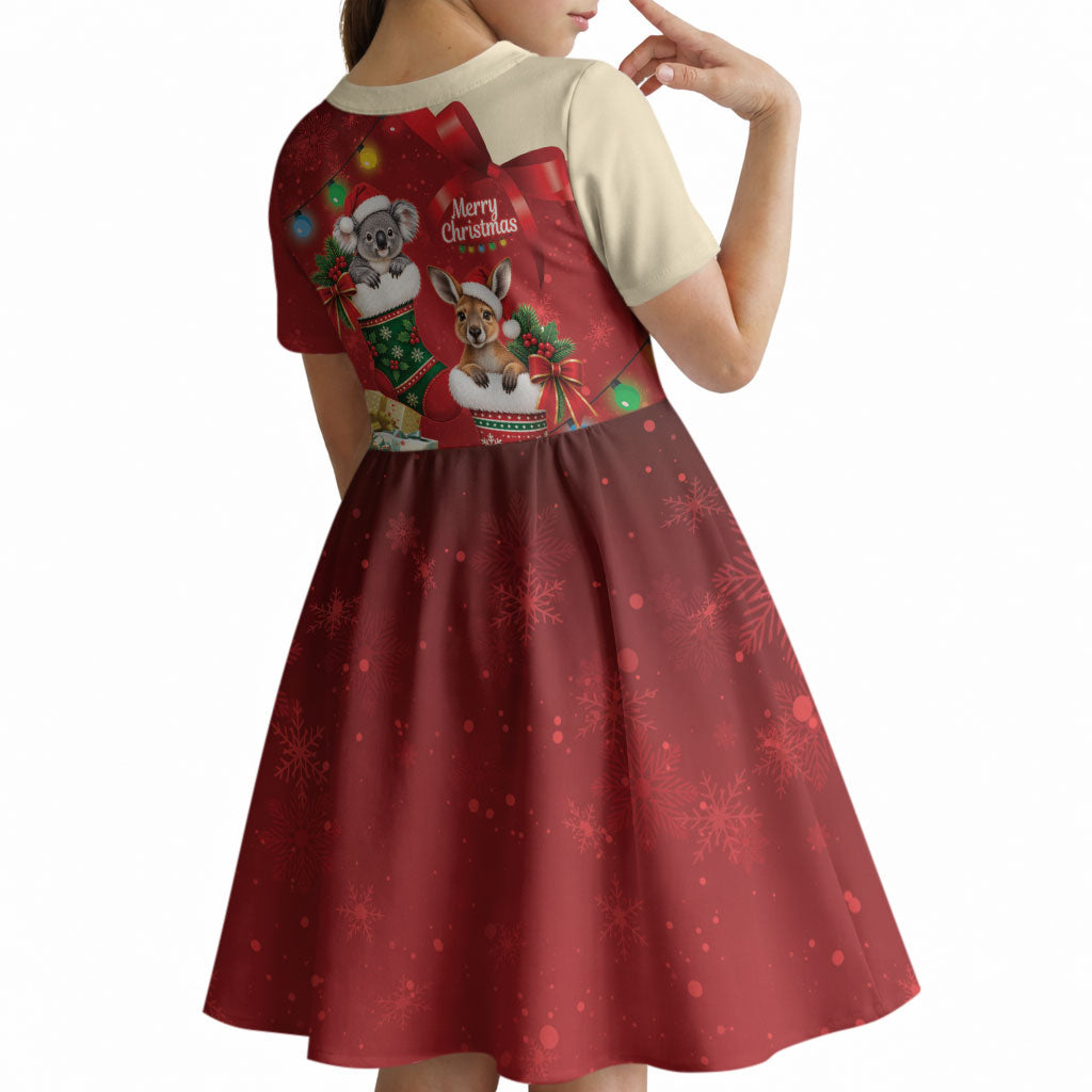 Kangaroo Koala Cockatoo Christmas Australia Kid Short Sleeve Dress Aussie Xmas Sock Coquette Bow