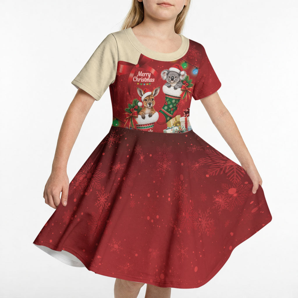 Kangaroo Koala Cockatoo Christmas Australia Kid Short Sleeve Dress Aussie Xmas Sock Coquette Bow