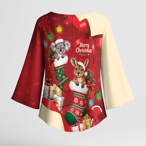 Kangaroo Koala Cockatoo Christmas Australia Kimono Sleeve Blouse Aussie Xmas Sock Coquette Bow