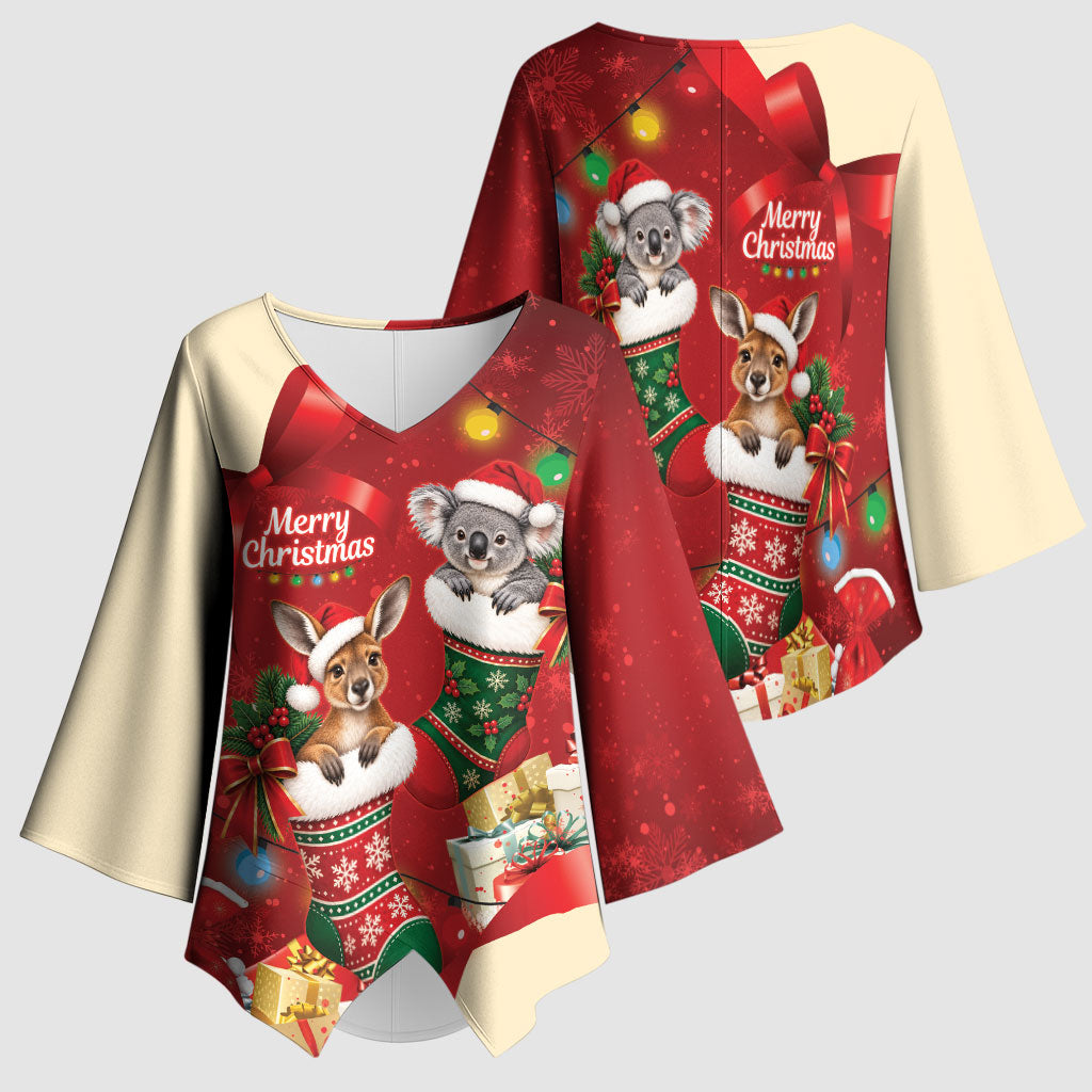 Kangaroo Koala Cockatoo Christmas Australia Kimono Sleeve Blouse Aussie Xmas Sock Coquette Bow