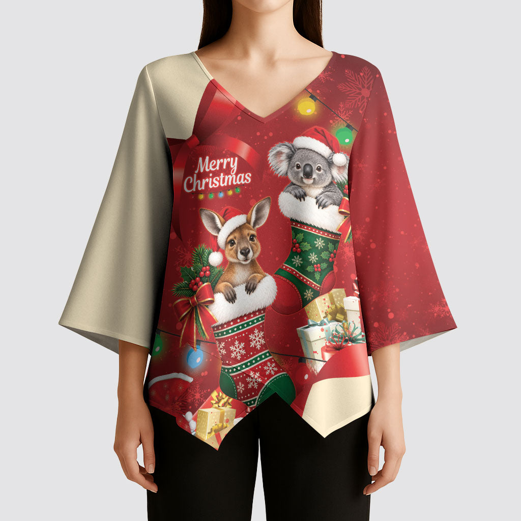 Kangaroo Koala Cockatoo Christmas Australia Kimono Sleeve Blouse Aussie Xmas Sock Coquette Bow