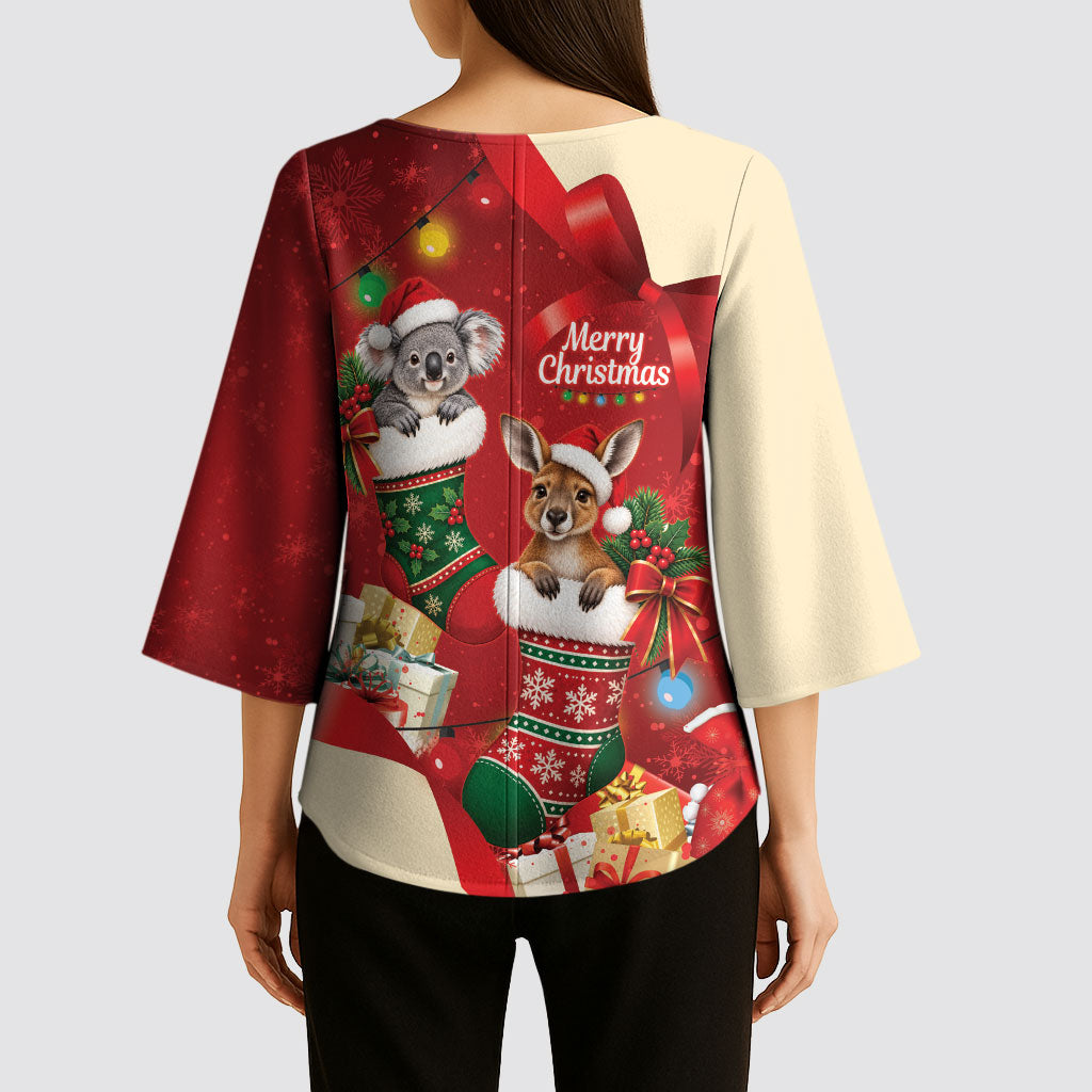 Kangaroo Koala Cockatoo Christmas Australia Kimono Sleeve Blouse Aussie Xmas Sock Coquette Bow