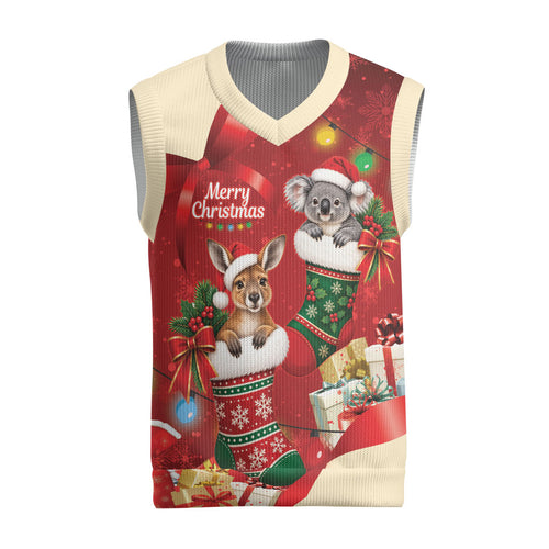 Kangaroo Koala Cockatoo Christmas Australia Christmas Knitted V-Neck Vest Aussie Xmas Sock Coquette Bow
