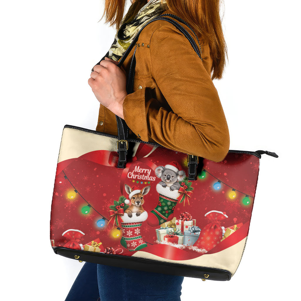 Kangaroo Koala Cockatoo Christmas Australia Leather Tote Bag Aussie Xmas Sock Coquette Bow