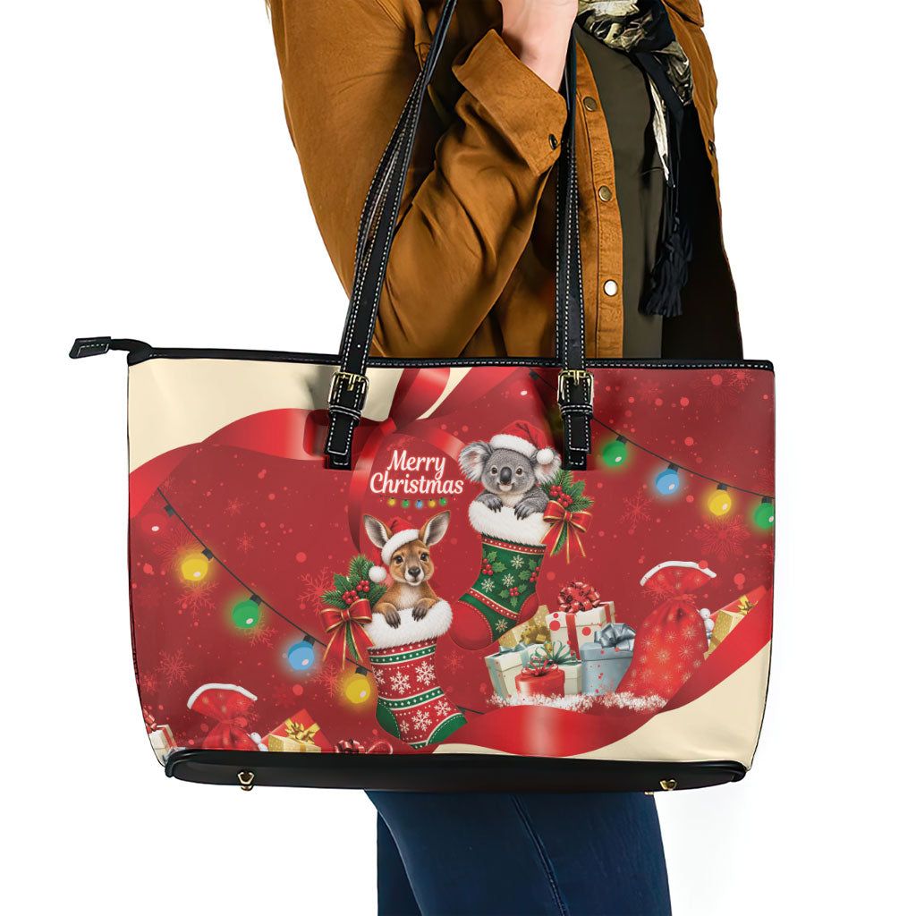 Kangaroo Koala Cockatoo Christmas Australia Leather Tote Bag Aussie Xmas Sock Coquette Bow
