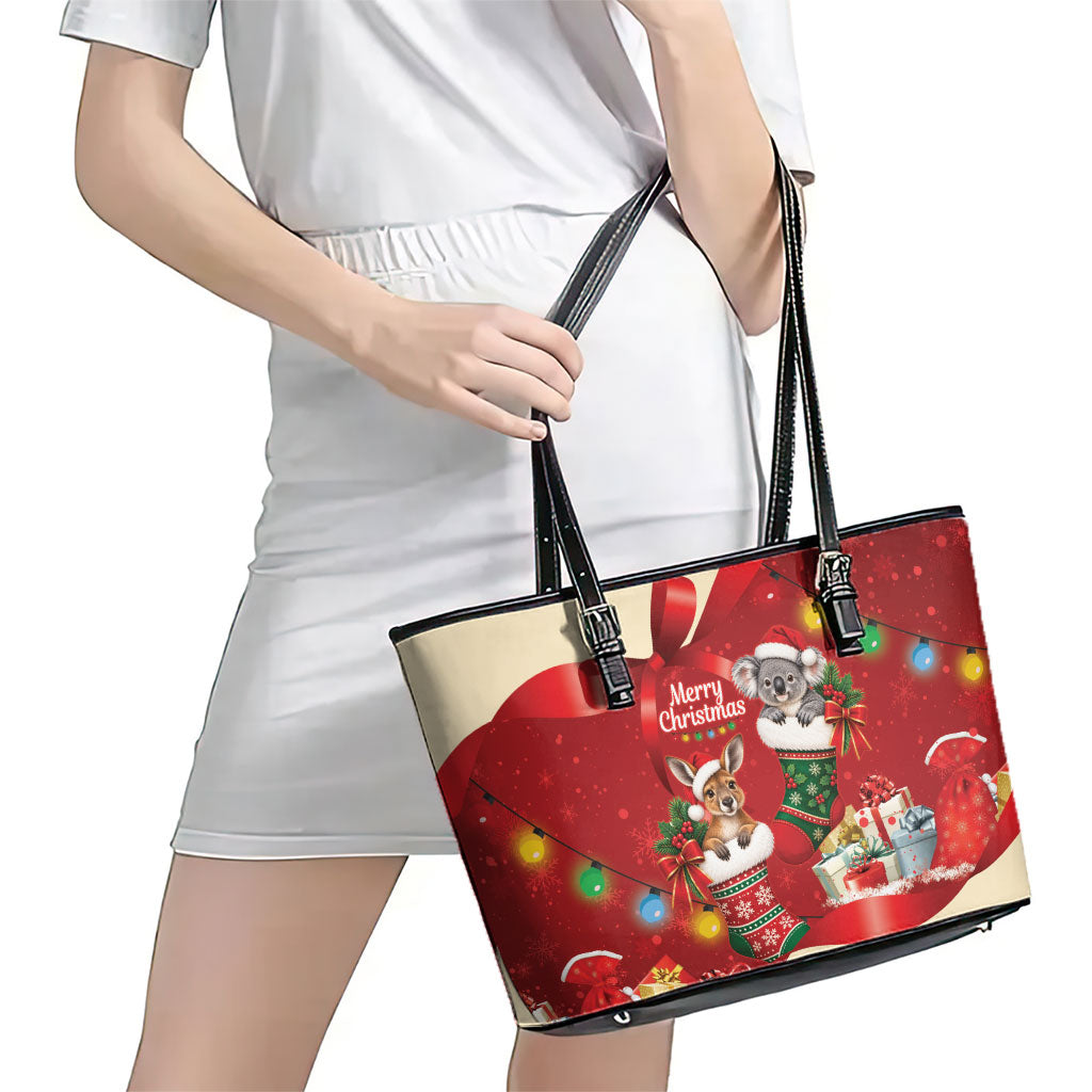 Kangaroo Koala Cockatoo Christmas Australia Leather Tote Bag Aussie Xmas Sock Coquette Bow