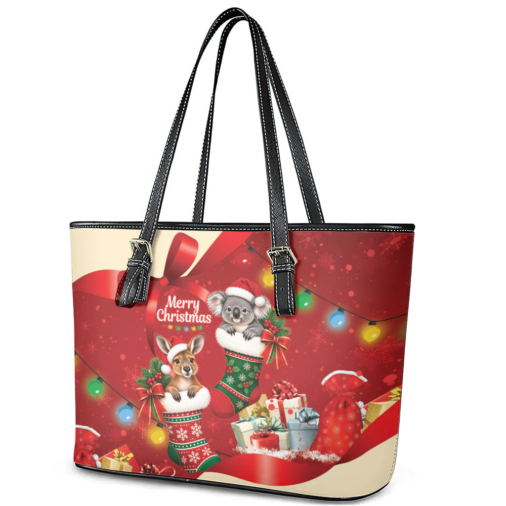 Kangaroo Koala Cockatoo Christmas Australia Leather Tote Bag Aussie Xmas Sock Coquette Bow