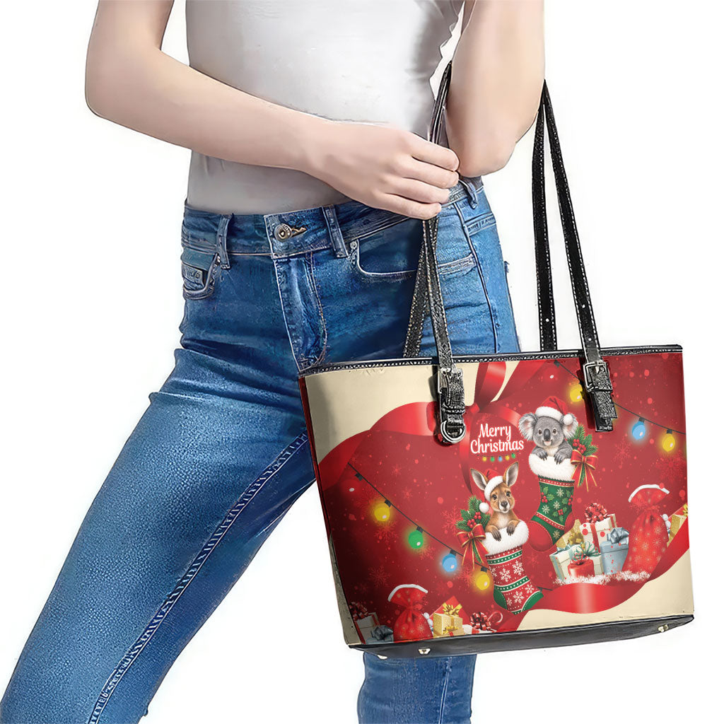 Kangaroo Koala Cockatoo Christmas Australia Leather Tote Bag Aussie Xmas Sock Coquette Bow