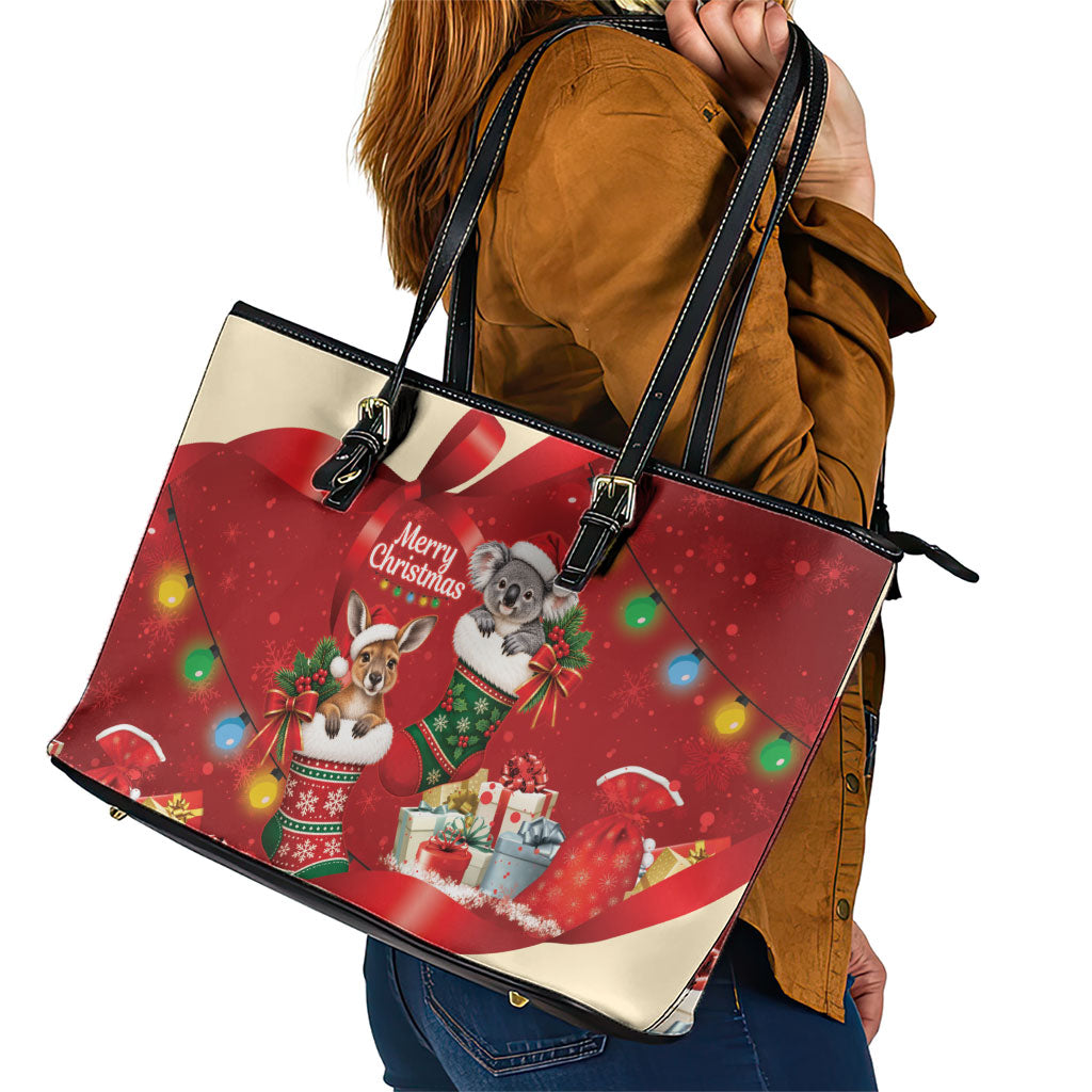 Kangaroo Koala Cockatoo Christmas Australia Leather Tote Bag Aussie Xmas Sock Coquette Bow
