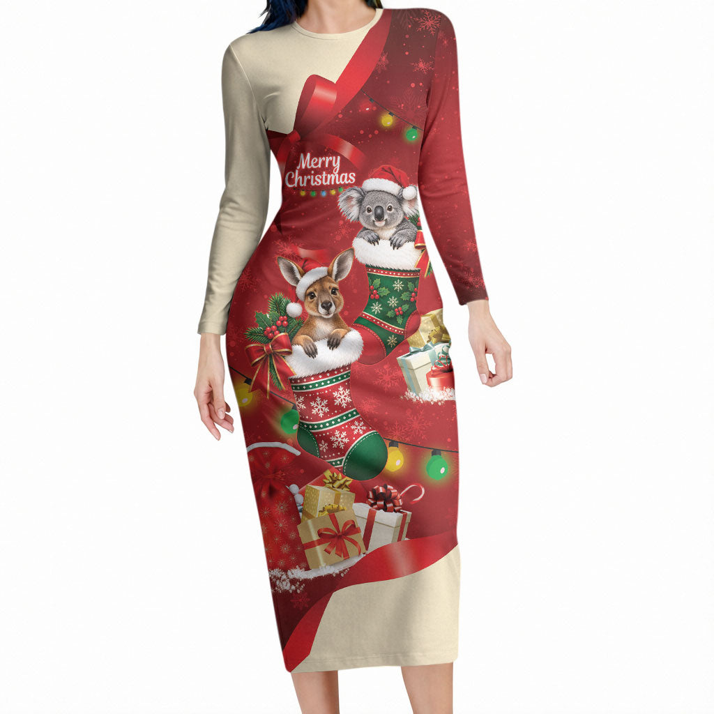 Kangaroo Koala Cockatoo Christmas Australia Long Sleeve Bodycon Dress Aussie Xmas Sock Coquette Bow