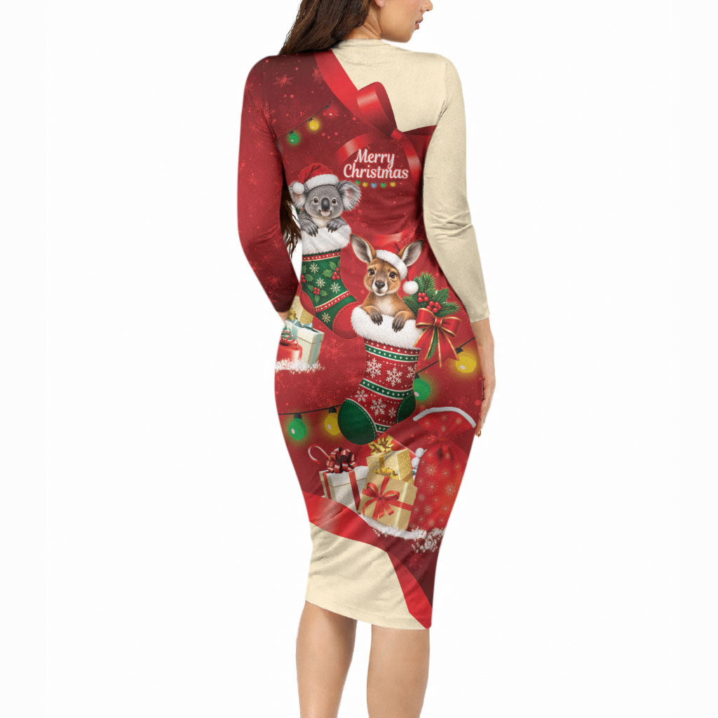 Kangaroo Koala Cockatoo Christmas Australia Long Sleeve Bodycon Dress Aussie Xmas Sock Coquette Bow