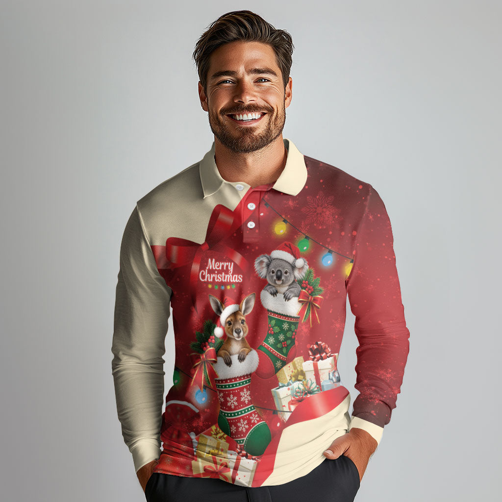 Kangaroo Koala Cockatoo Christmas Australia Long Sleeve Polo Shirt Aussie Xmas Sock Coquette Bow