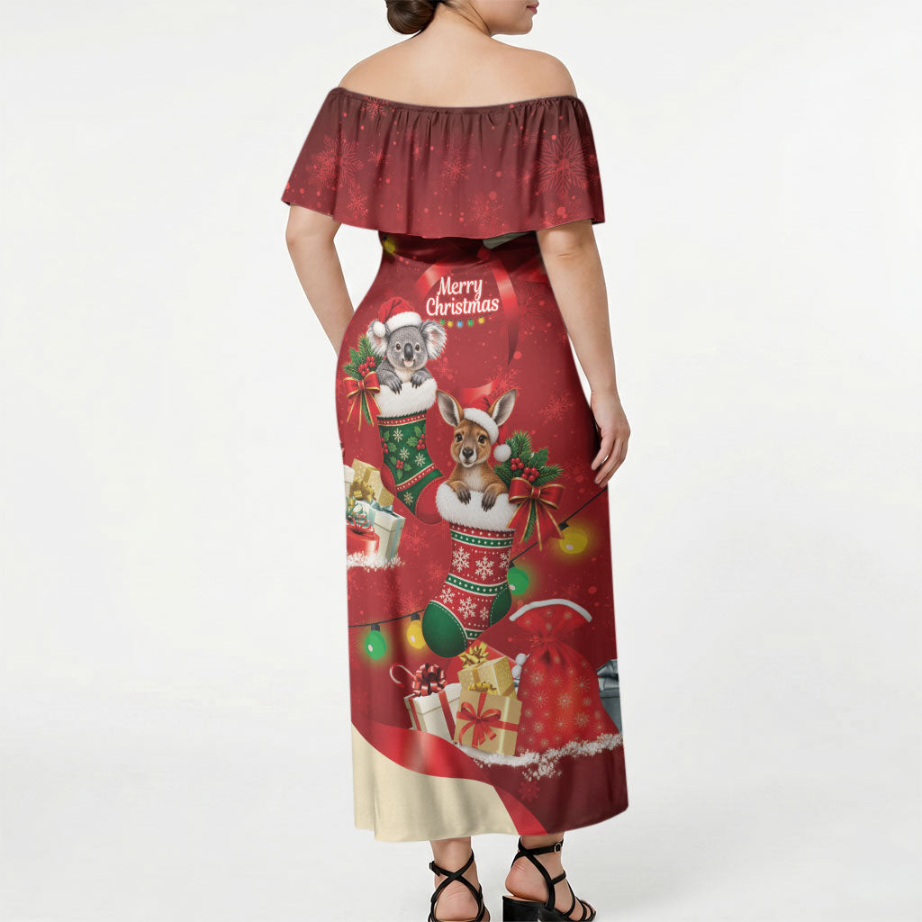 Kangaroo Koala Cockatoo Christmas Australia Off Shoulder Maxi Dress Aussie Xmas Sock Coquette Bow