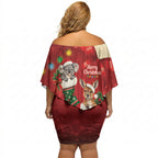Kangaroo Koala Cockatoo Christmas Australia Off Shoulder Short Dress Aussie Xmas Sock Coquette Bow
