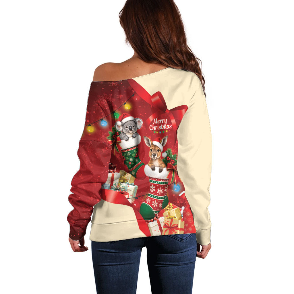 Kangaroo Koala Cockatoo Christmas Australia Off Shoulder Sweater Aussie Xmas Sock Coquette Bow