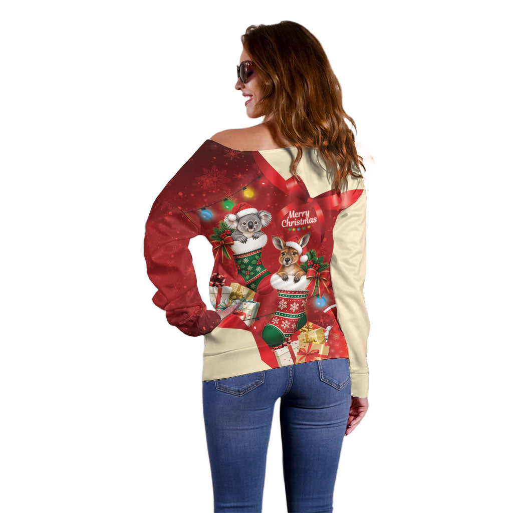 Kangaroo Koala Cockatoo Christmas Australia Off Shoulder Sweater Aussie Xmas Sock Coquette Bow