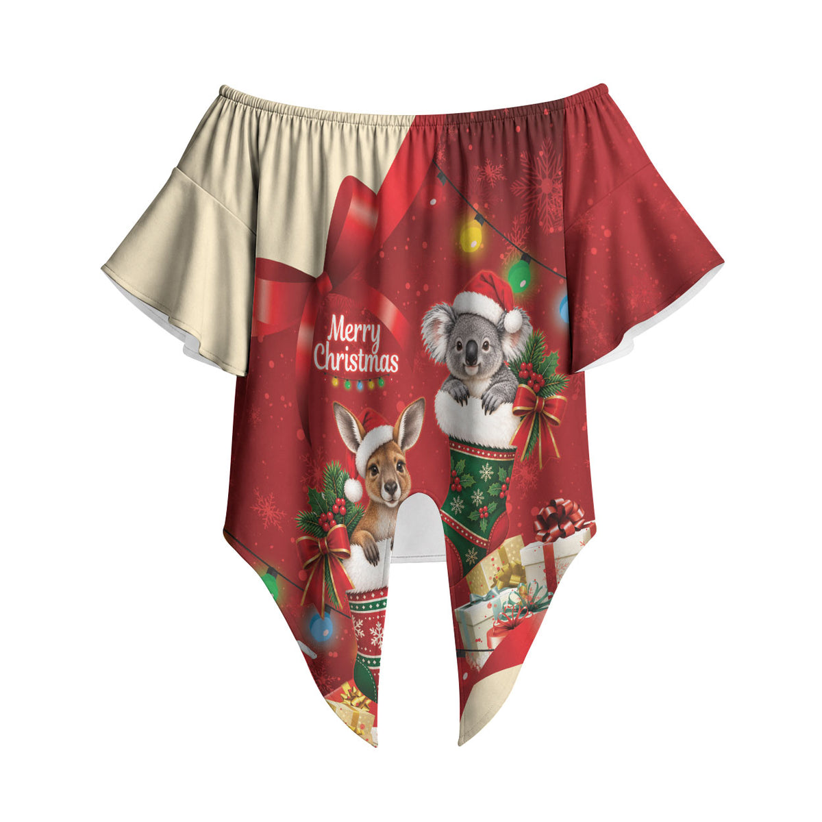 Kangaroo Koala Cockatoo Christmas Australia Off Shoulder Wrap Waist Top Aussie Xmas Sock Coquette Bow
