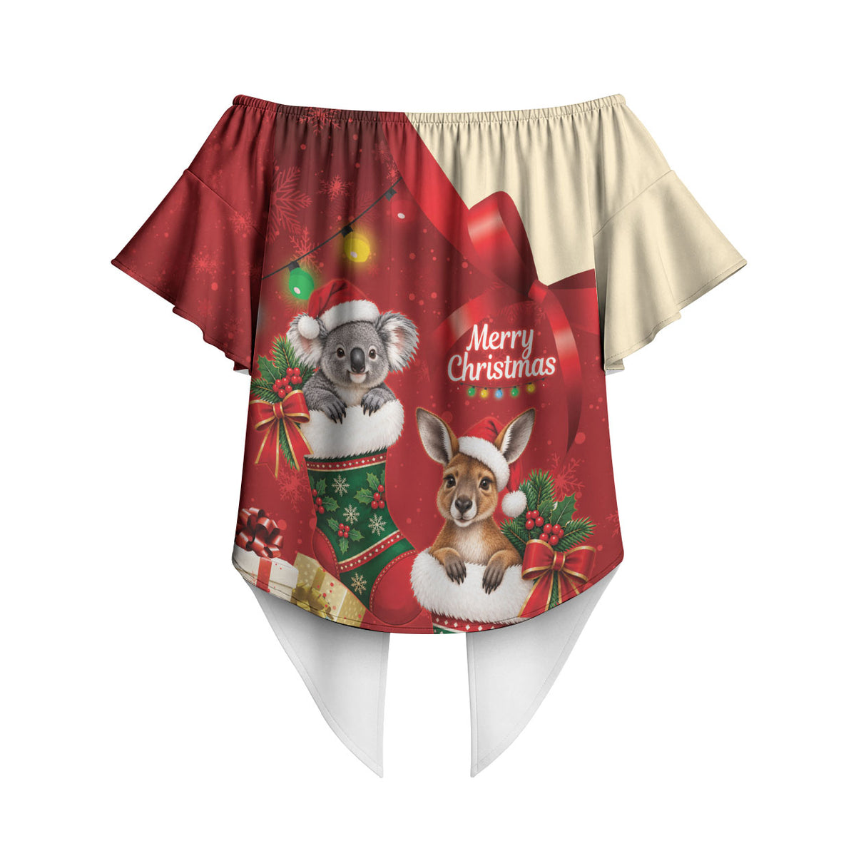 Kangaroo Koala Cockatoo Christmas Australia Off Shoulder Wrap Waist Top Aussie Xmas Sock Coquette Bow