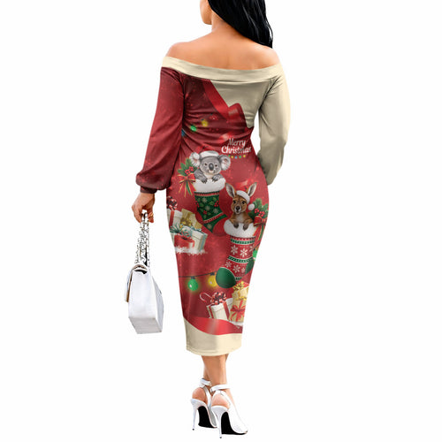Kangaroo Koala Cockatoo Christmas Australia Off The Shoulder Long Sleeve Dress Aussie Xmas Sock Coquette Bow