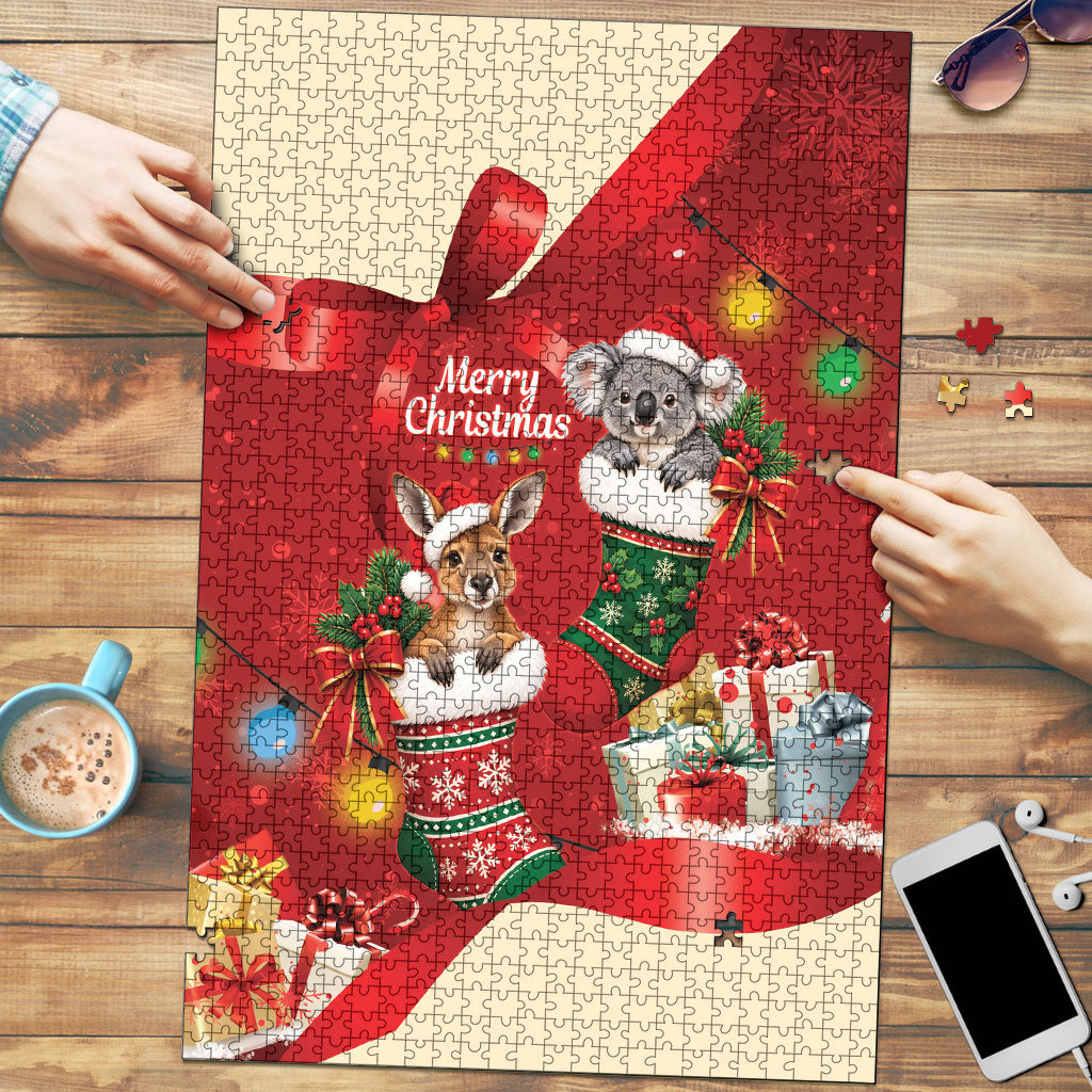 Kangaroo Koala Cockatoo Christmas Australia Puzzle Aussie Xmas Sock Coquette Bow