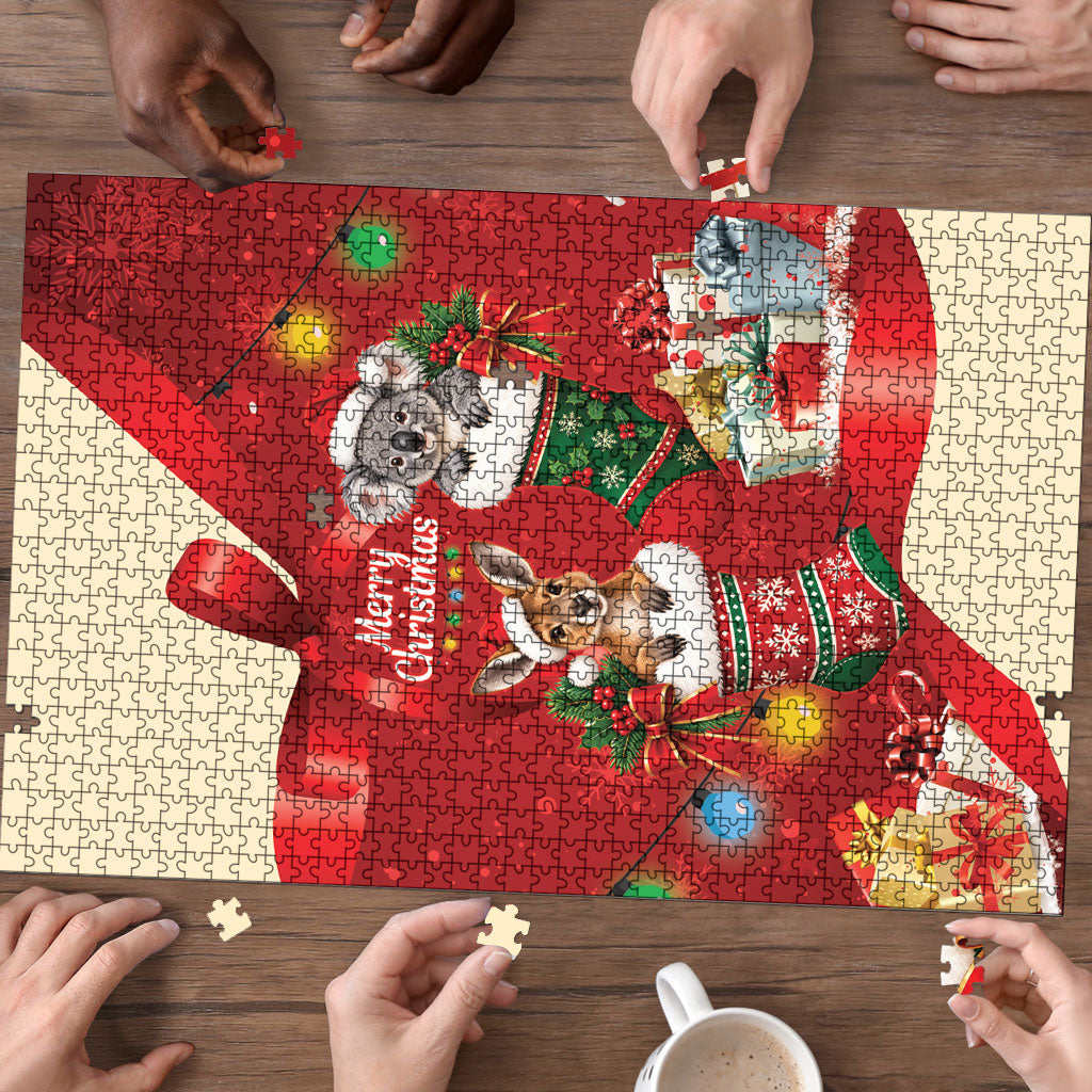 Kangaroo Koala Cockatoo Christmas Australia Puzzle Aussie Xmas Sock Coquette Bow