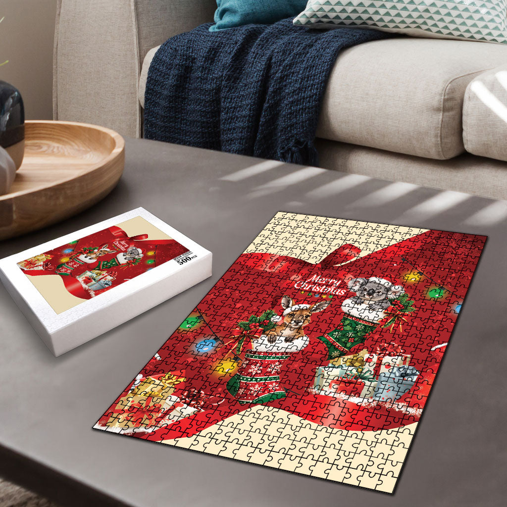 Kangaroo Koala Cockatoo Christmas Australia Puzzle Aussie Xmas Sock Coquette Bow