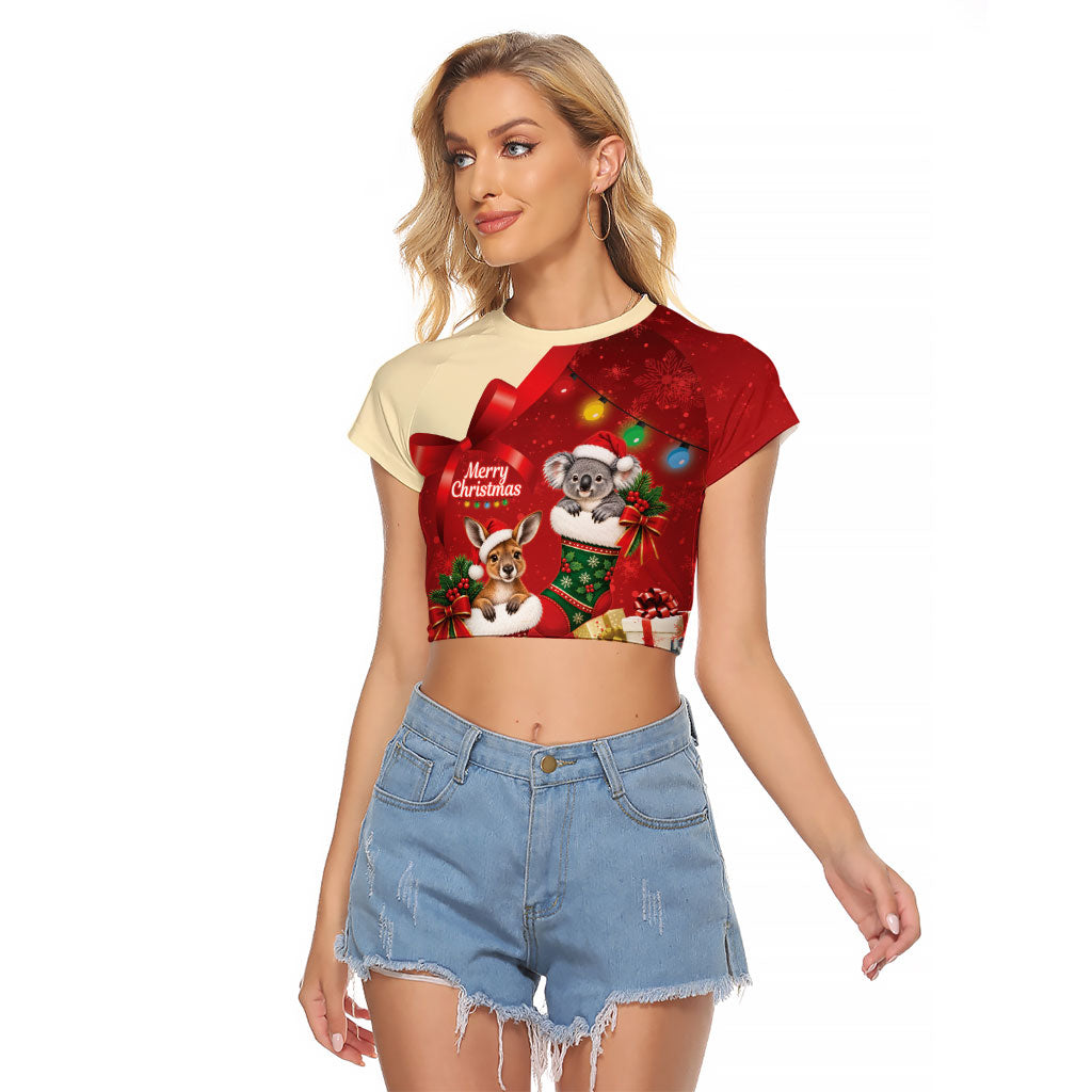 Kangaroo Koala Cockatoo Christmas Australia Raglan Cropped T Shirt Aussie Xmas Sock Coquette Bow