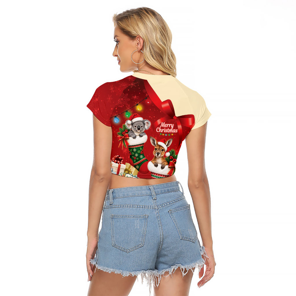 Kangaroo Koala Cockatoo Christmas Australia Raglan Cropped T Shirt Aussie Xmas Sock Coquette Bow