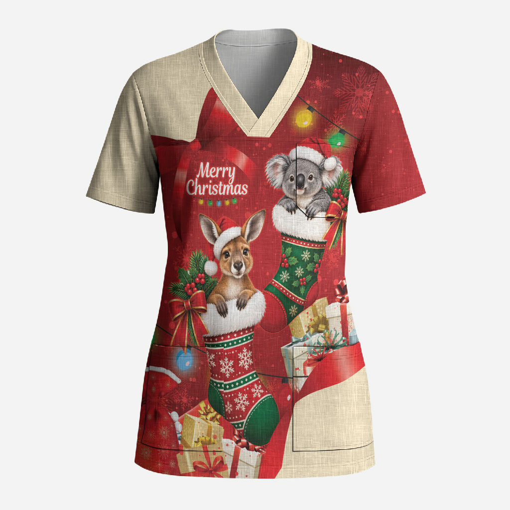 Kangaroo Koala Cockatoo Christmas Australia Scrub Top Aussie Xmas Sock Coquette Bow