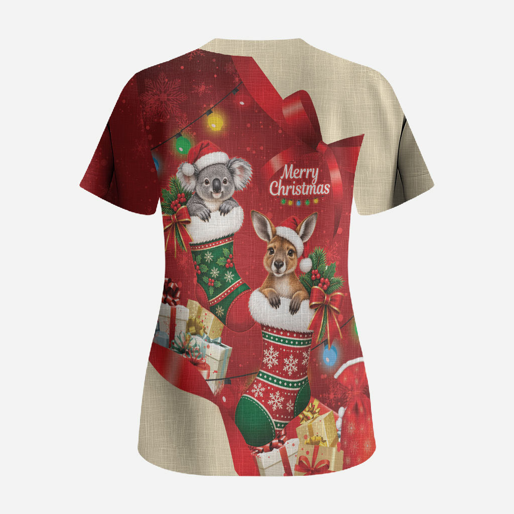 Kangaroo Koala Cockatoo Christmas Australia Scrub Top Aussie Xmas Sock Coquette Bow