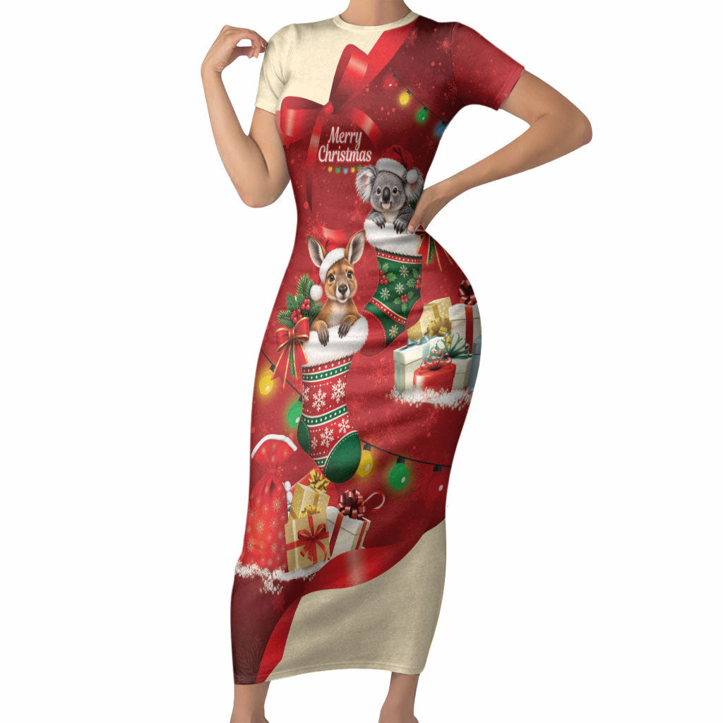 Kangaroo Koala Cockatoo Christmas Australia Short Sleeve Bodycon Dress Aussie Xmas Sock Coquette Bow