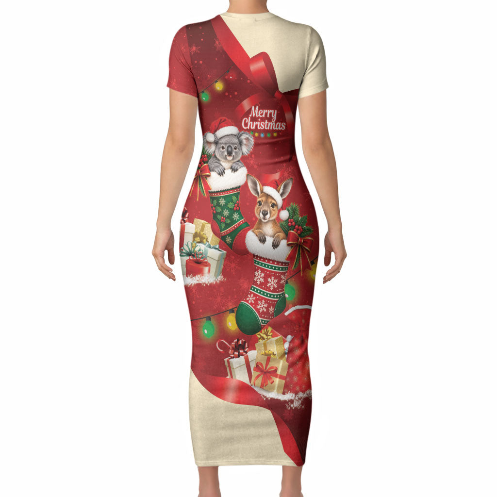 Kangaroo Koala Cockatoo Christmas Australia Short Sleeve Bodycon Dress Aussie Xmas Sock Coquette Bow