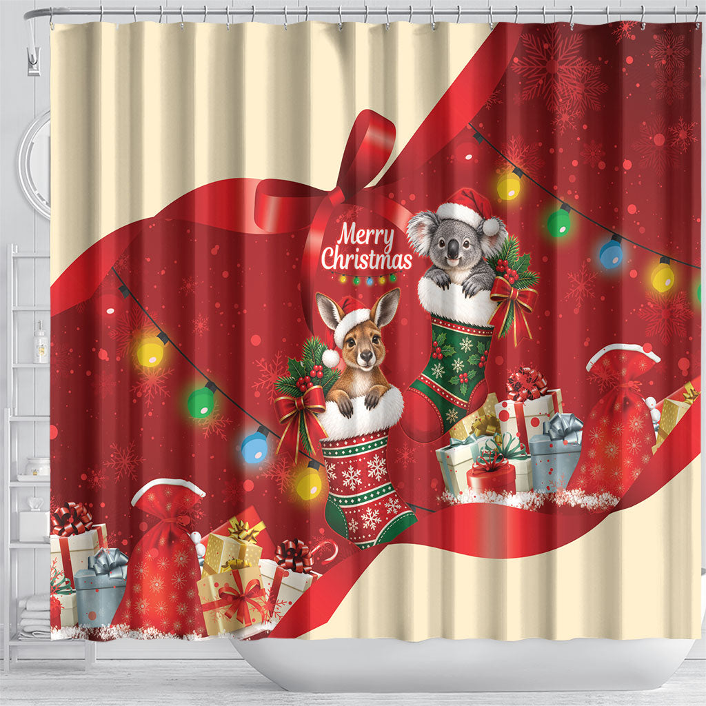 Kangaroo Koala Cockatoo Christmas Australia Shower Curtain Aussie Xmas Sock Coquette Bow