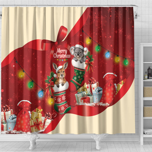 Kangaroo Koala Cockatoo Christmas Australia Shower Curtain Aussie Xmas Sock Coquette Bow