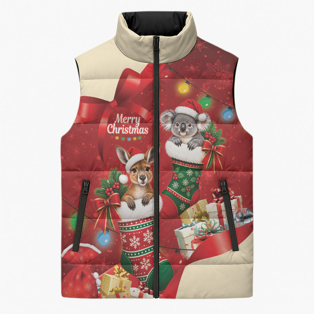 Kangaroo Koala Cockatoo Christmas Australia Sleeveless Puffer Jacket Aussie Xmas Sock Coquette Bow