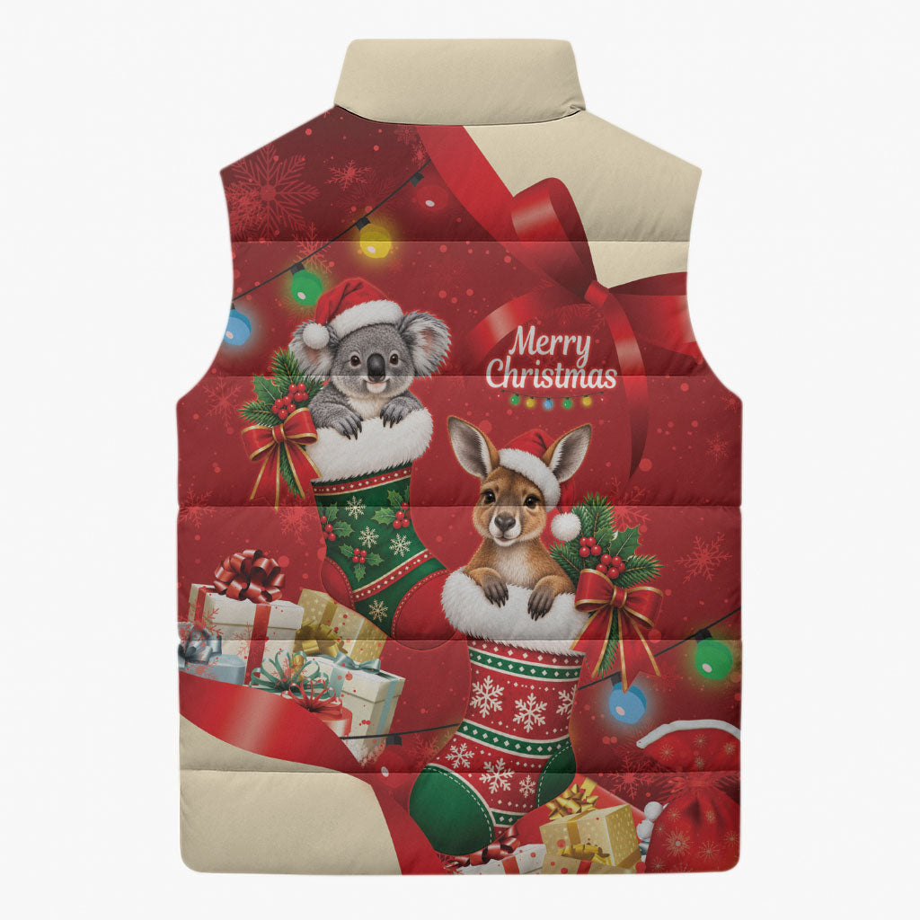 Kangaroo Koala Cockatoo Christmas Australia Sleeveless Puffer Jacket Aussie Xmas Sock Coquette Bow