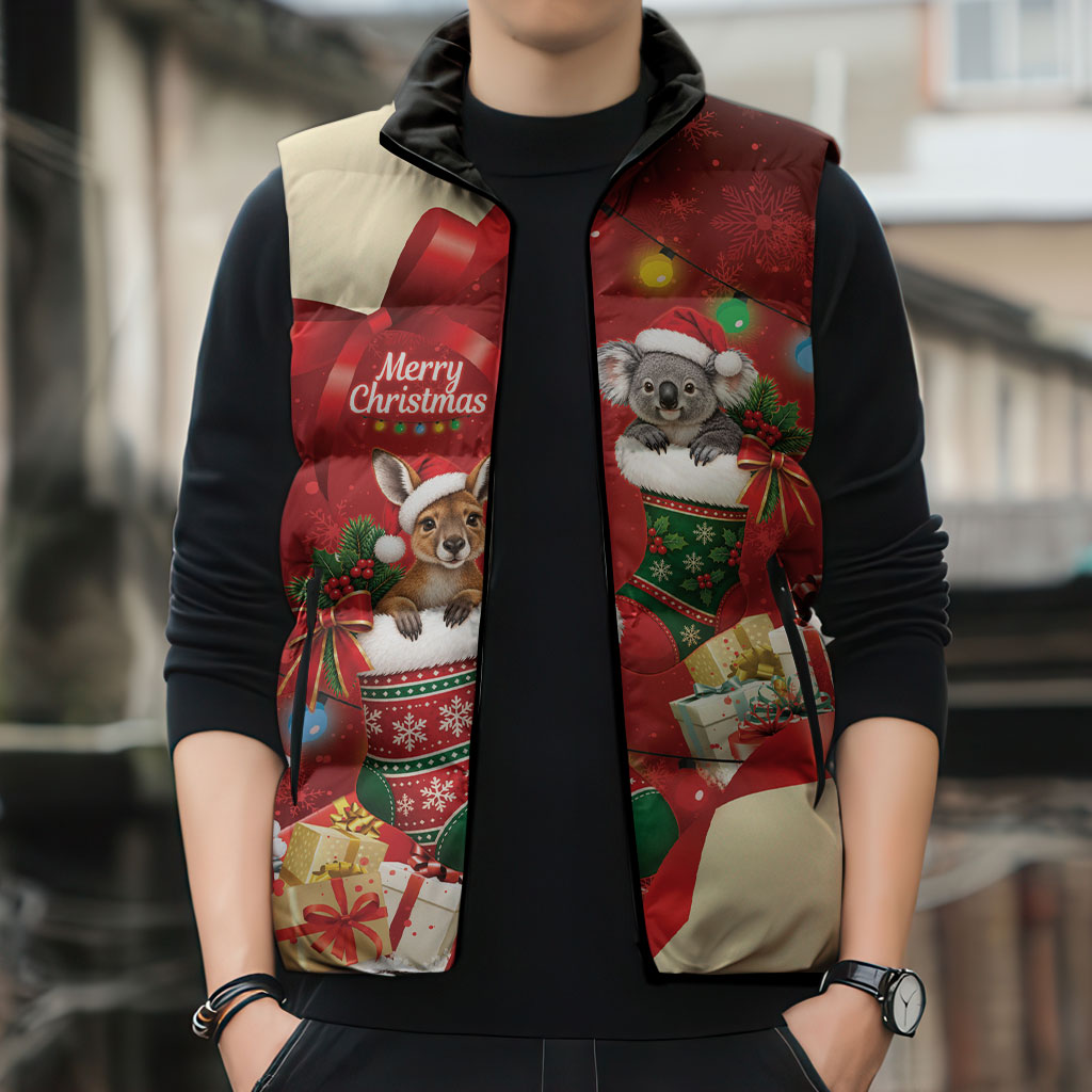 Kangaroo Koala Cockatoo Christmas Australia Sleeveless Puffer Jacket Aussie Xmas Sock Coquette Bow