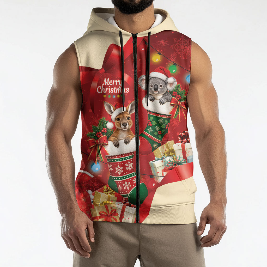 Kangaroo Koala Cockatoo Christmas Australia Sleeveless Zip Hoodie Aussie Xmas Sock Coquette Bow