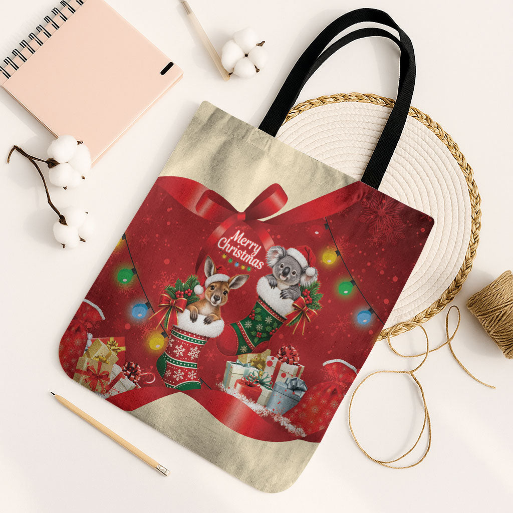 Kangaroo Koala Cockatoo Christmas Australia Tote Bag Aussie Xmas Sock Coquette Bow