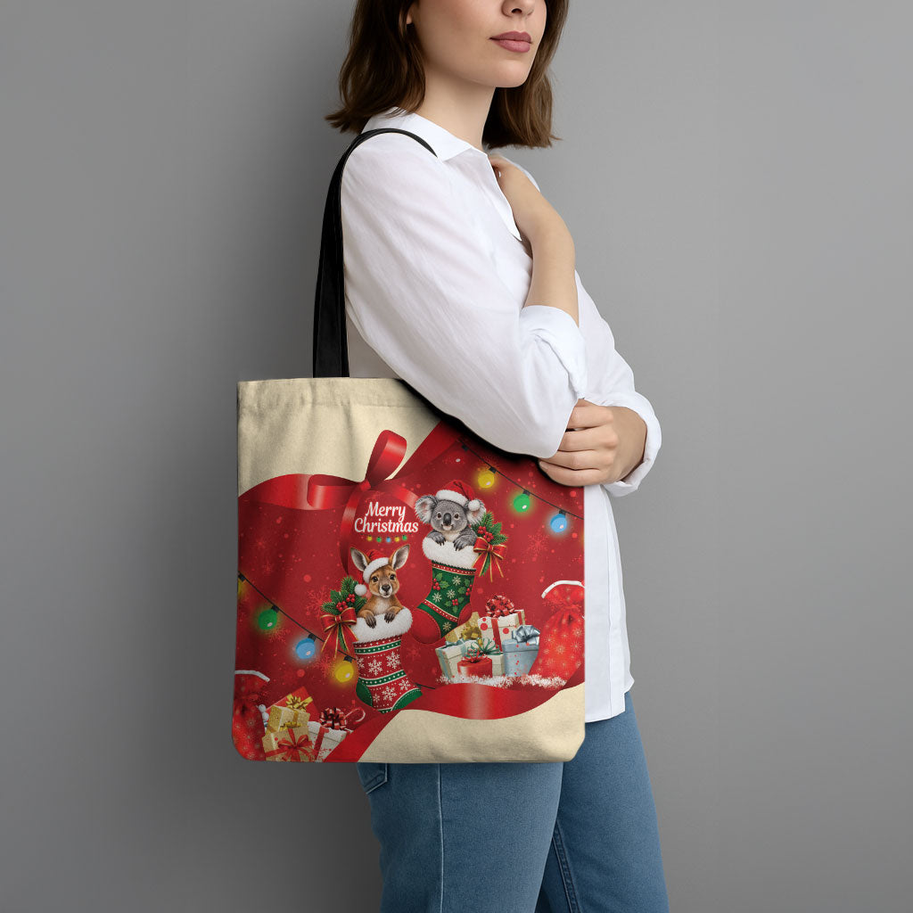 Kangaroo Koala Cockatoo Christmas Australia Tote Bag Aussie Xmas Sock Coquette Bow