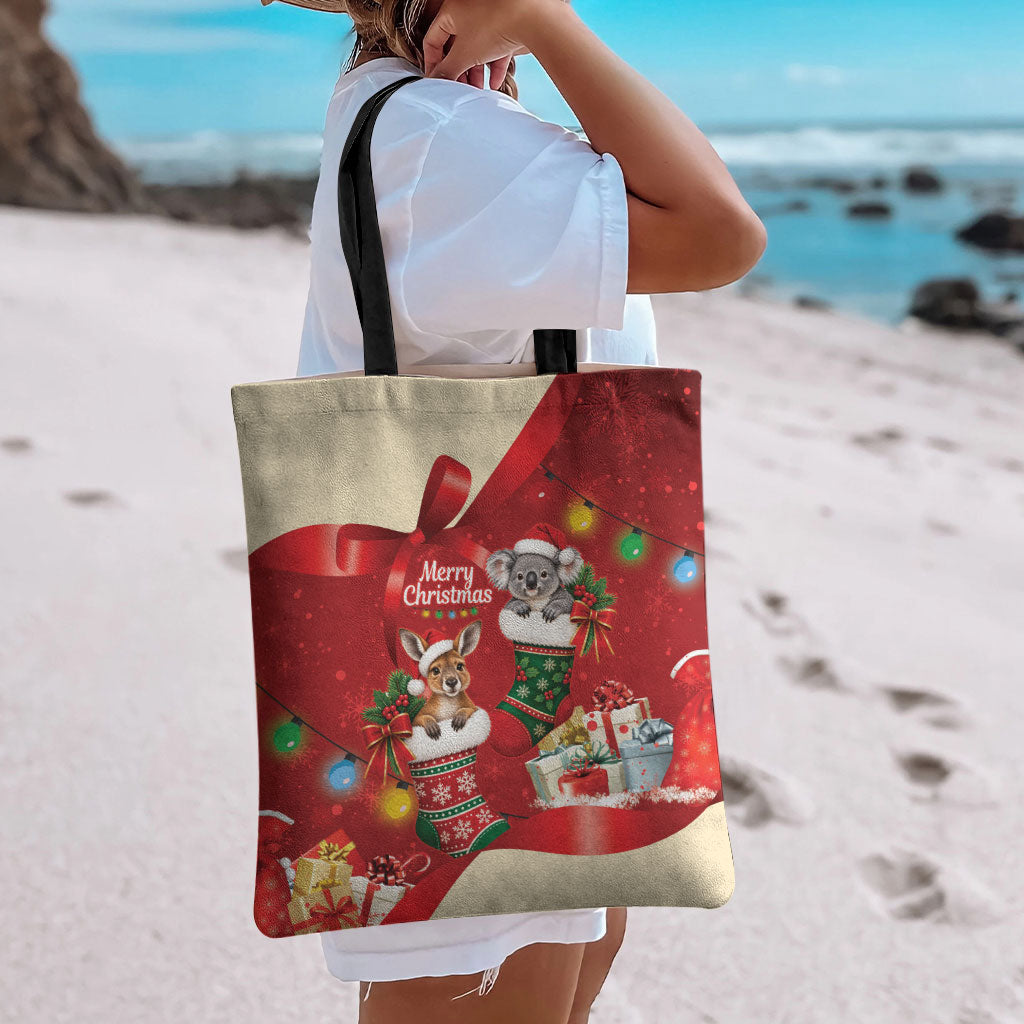 Kangaroo Koala Cockatoo Christmas Australia Tote Bag Aussie Xmas Sock Coquette Bow