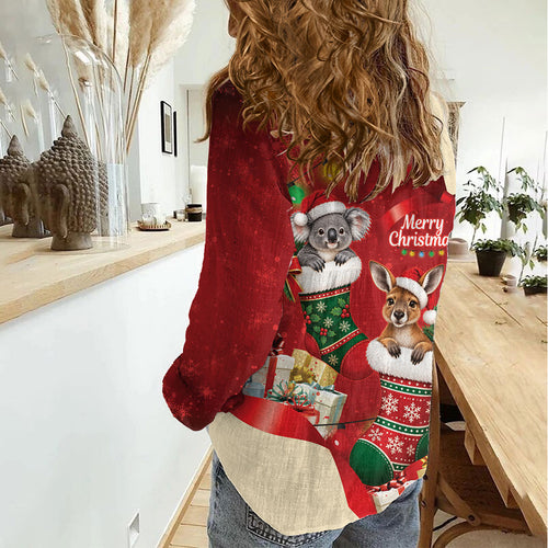 Kangaroo Koala Cockatoo Christmas Australia Women Casual Shirt Aussie Xmas Sock Coquette Bow