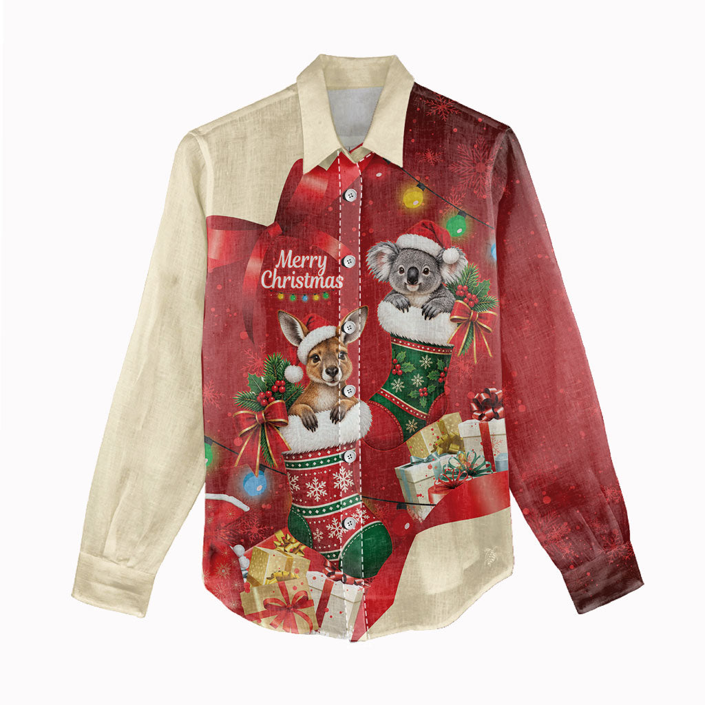 Kangaroo Koala Cockatoo Christmas Australia Women Casual Shirt Aussie Xmas Sock Coquette Bow